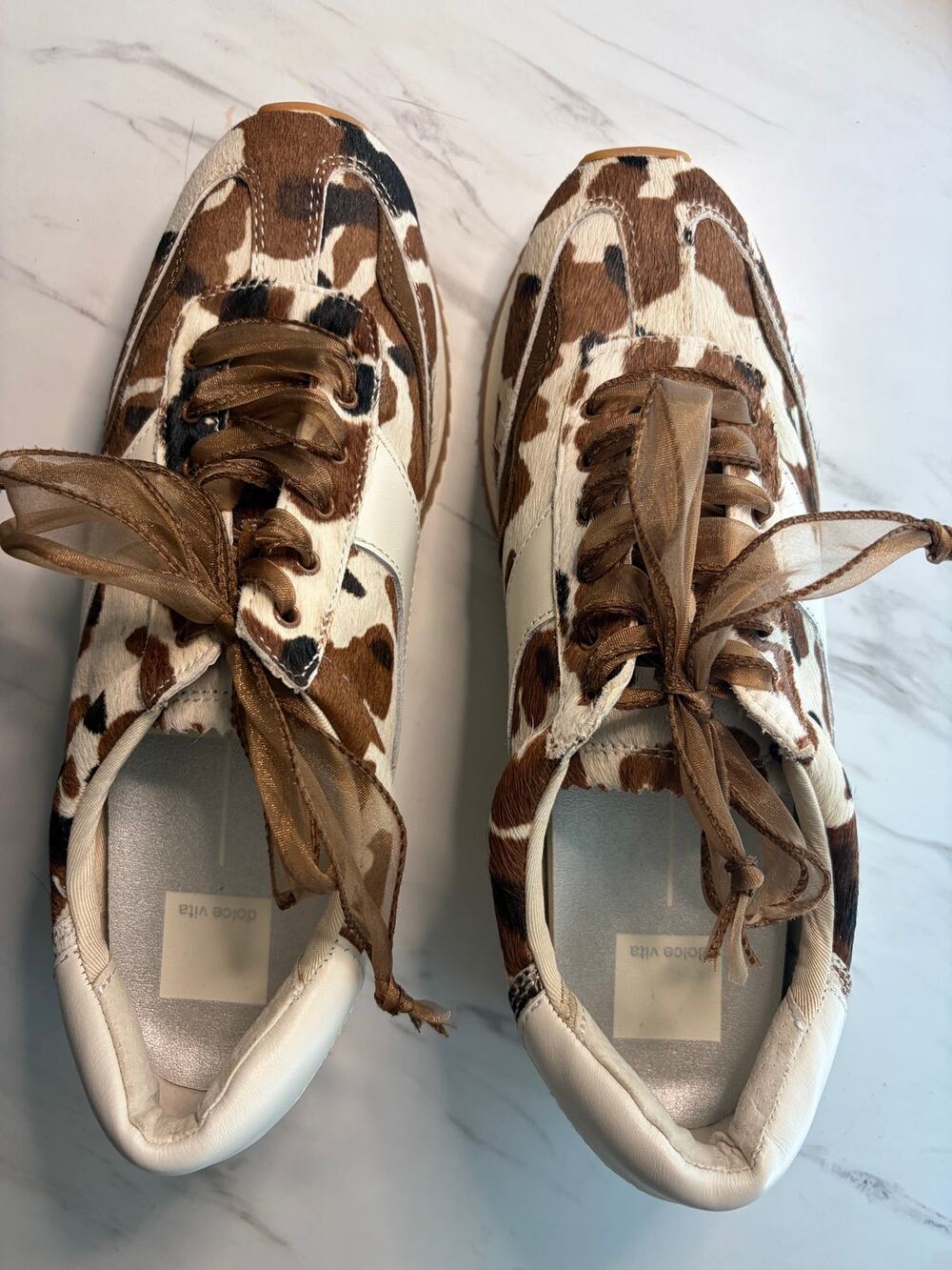 Dolce Vita Women’s Size 9 Cow Print Calf Hair Sneakers Brown White Ribbon Lace